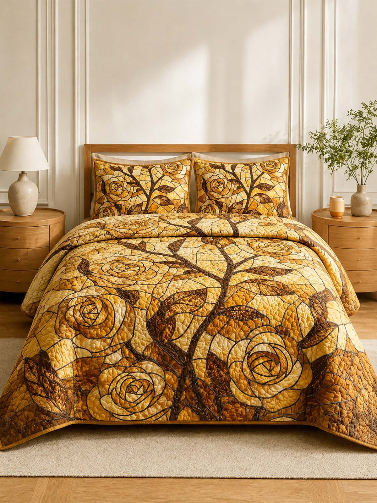 H.PAI Golden Rose Quilted 3-Piece Bedding Set