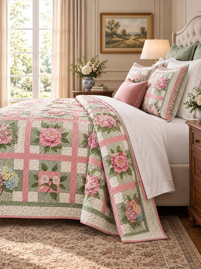 Pink Rose & Hydrangea Garden Quilted 3-Piece Bedding Set