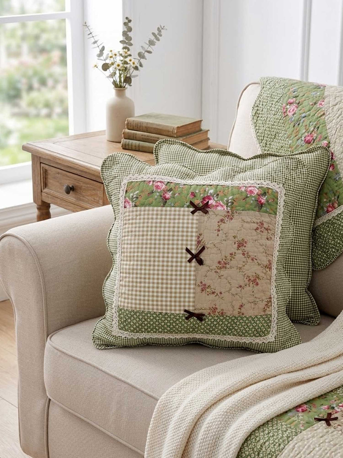 Green Floral Gingham Patchwork Quilted Pillow Cover