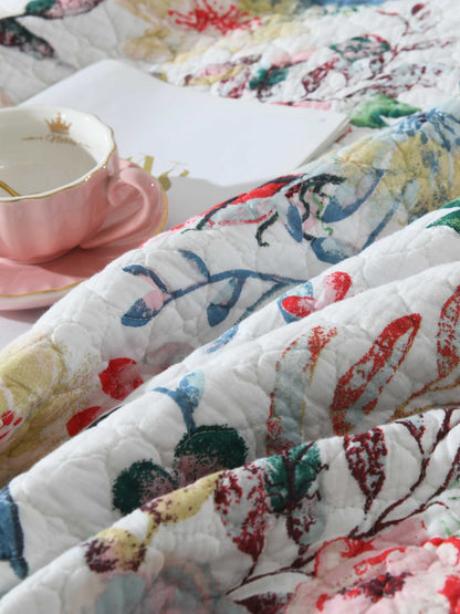 Vintage Bird Floral Garden Print Quilted 3‑Piece Bedding Set