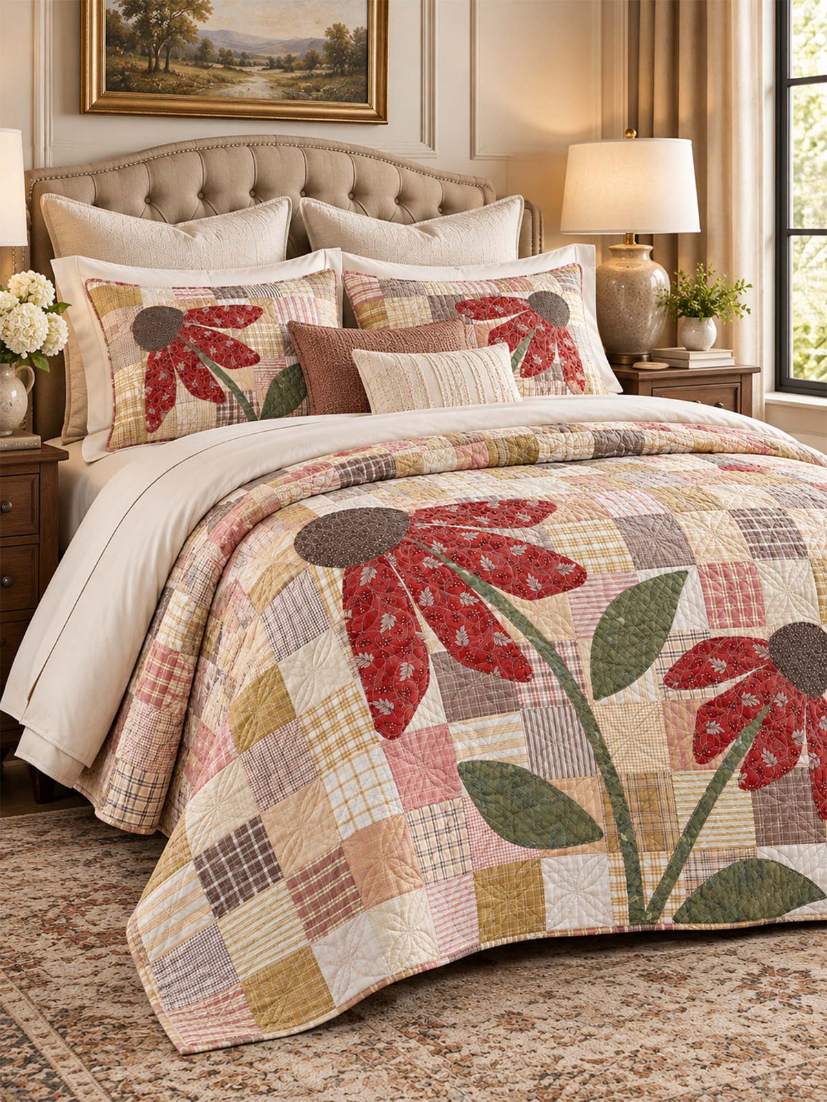 Red Coneflower Patchwork Quilted 3-Piece Bedding Set