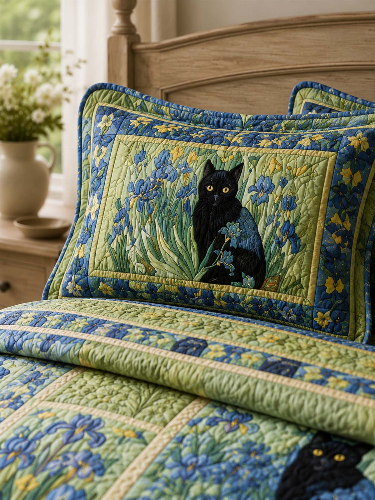 H.PAI Blue Iris Cat Garden Quilted 3-Piece Bedding Set
