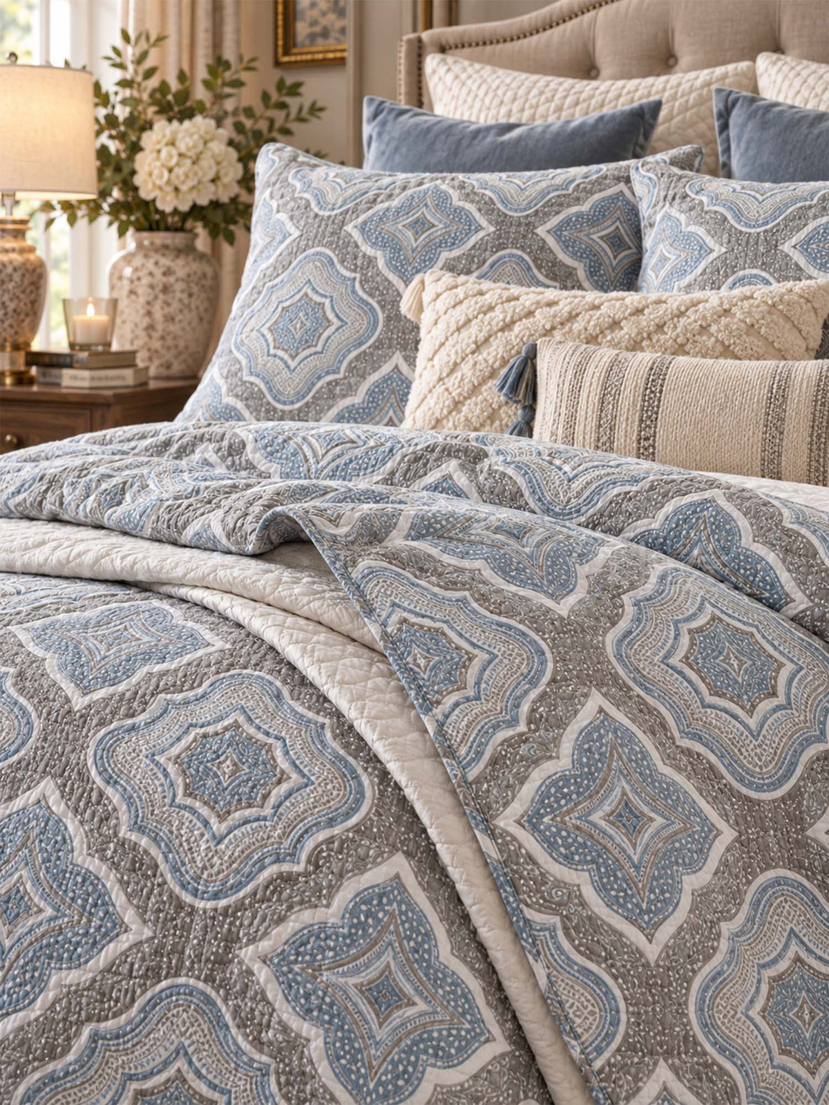 Dusty Blue Mosaic Medallion 100% Cotton Quilted Bedding Set
