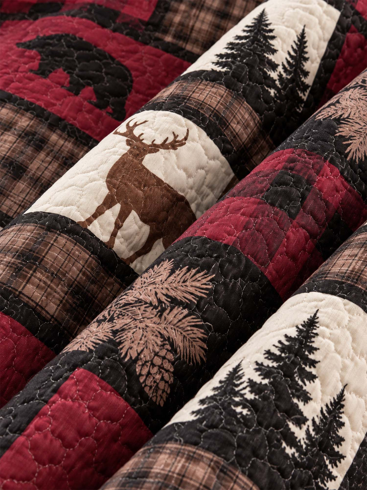Burgundy Bear & Deer Plaid Woodland Quilted 3-Piece Bedding Set