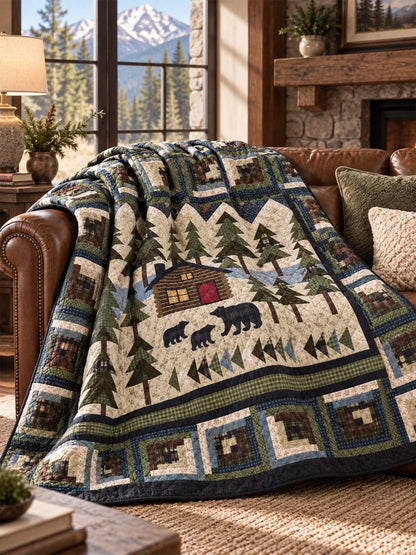 Bear Cabin Woodland Patchwork-Style Quilted Blanket