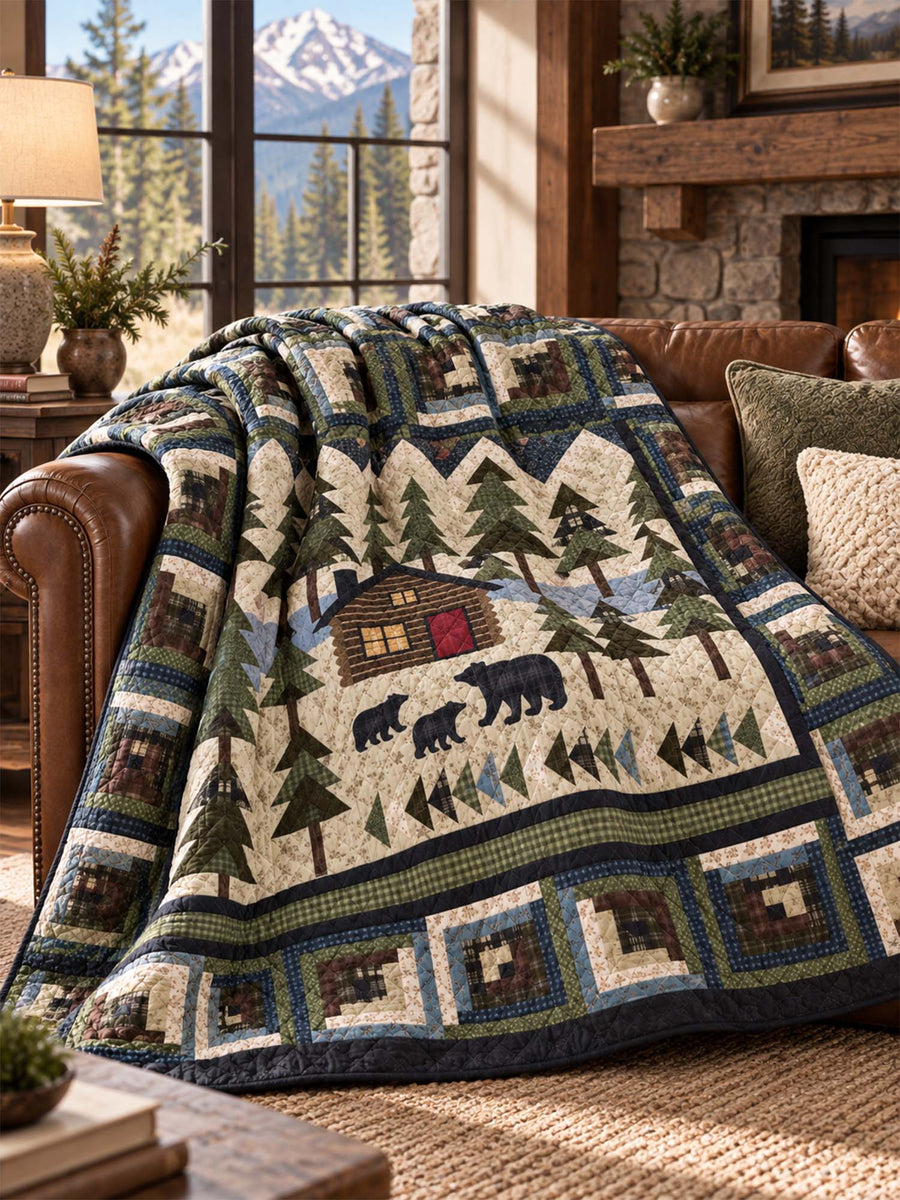 Bear Cabin Woodland Patchwork-Style Quilted Blanket