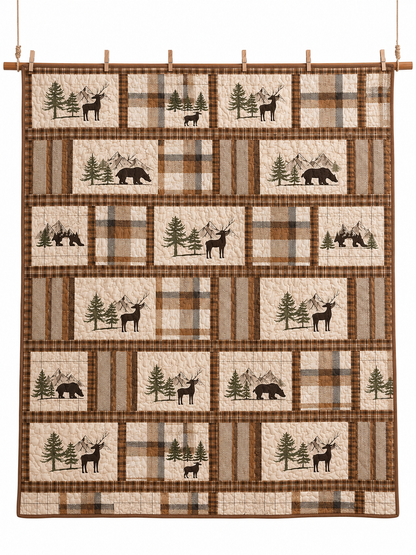 Moose and Deer Forest Plaid Quilted 3-Piece Bedding Set