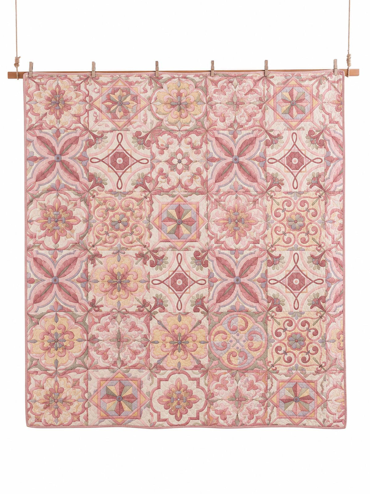 Pink Mediterranean Floral Tile Quilted 3-Piece Bedding Set