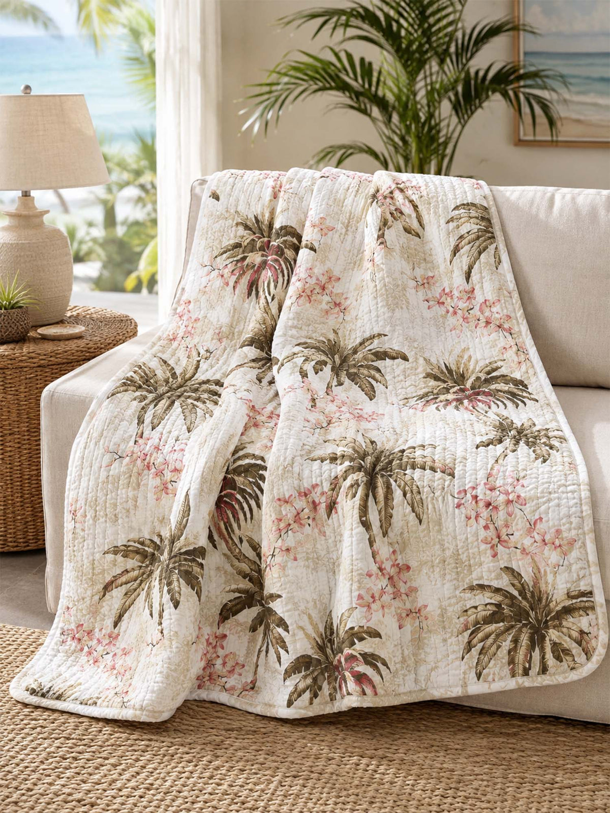 Tropical Plumeria Palm Quilted Blanket
