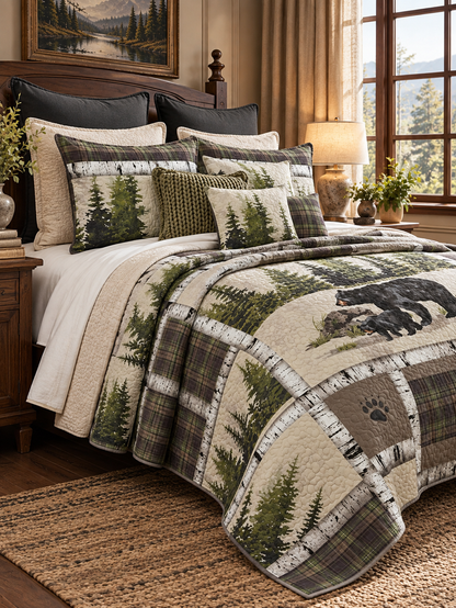 Black Bear Pine Forest Patchwork Quilted 3-Piece Bedding Set