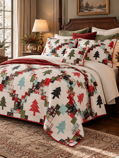 Christmas Tree Patchwork Quilted 3-Piece Bedding Set