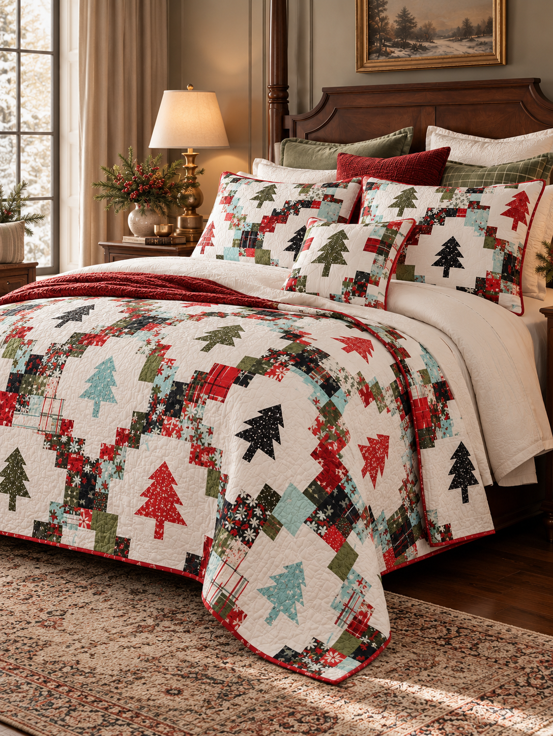 Christmas Tree Patchwork Quilted 3-Piece Bedding Set