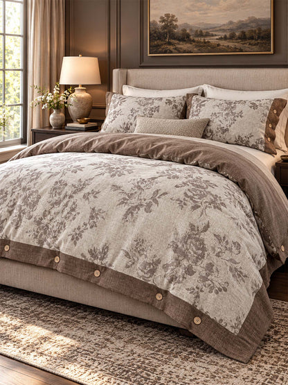 Vintage Botanical Floral Linen Cotton 4-Piece Duvet Cover Set
