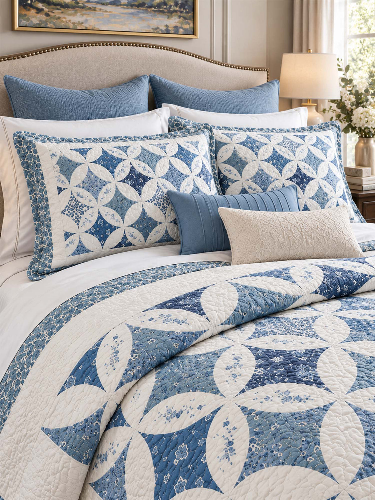 Blue Floral Ring Cottage Reversible 100% Cotton Quilted 3-Piece Bedding Set