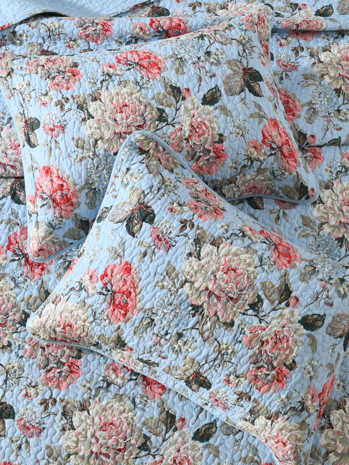 Light Blue Vintage Rose Floral Quilted 3‑Piece Bedding Set