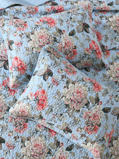 Light Blue Vintage Rose Floral Quilted 3‑Piece Bedding Set