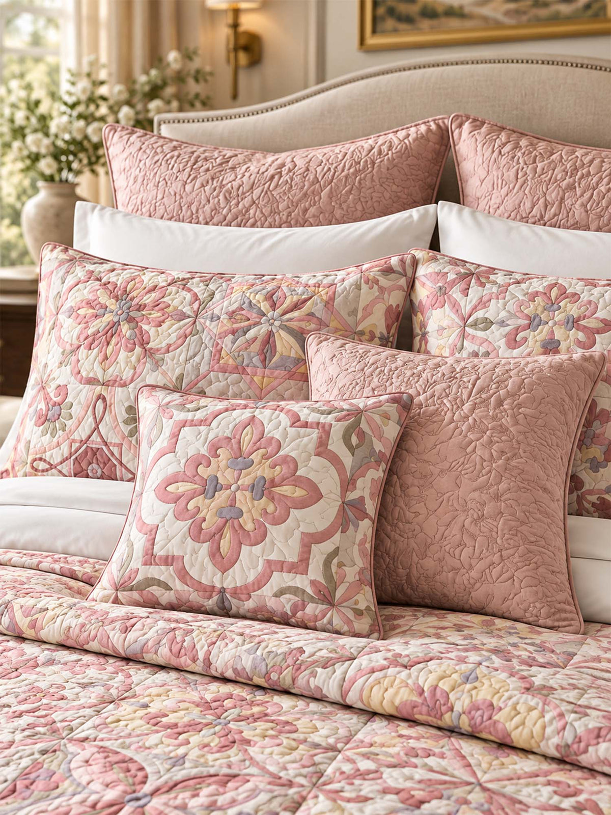 Pink Mediterranean Floral Tile Quilted 3-Piece Bedding Set