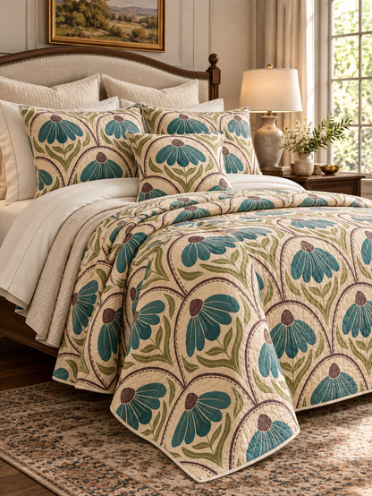 Blue Botanical Bloom Quilted 3-Piece Bedding Set