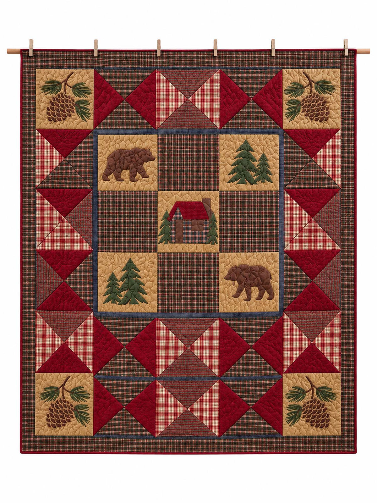 Rustic Bear Cabin Plaid Quilted 3-Piece Bedding Set