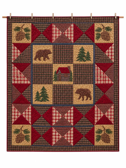 Rustic Bear Cabin Plaid Quilted 3-Piece Bedding Set