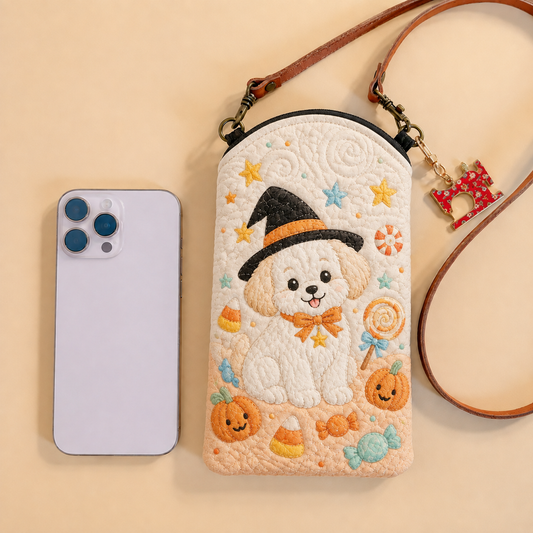 Dunne gewatteerde telefoonhoes – Puppy met heksenhoed en snoepjes