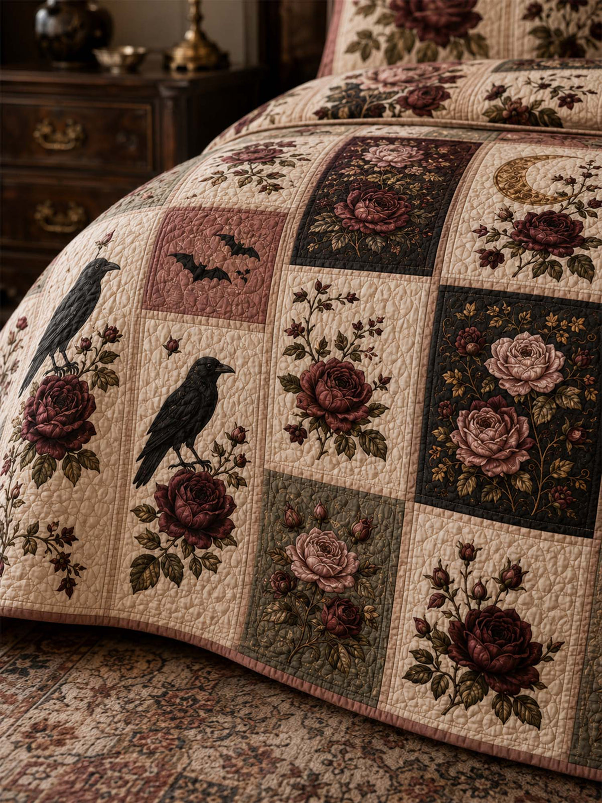H.PAI Raven Rose Moonlight Quilted 3-Piece Bedding Set