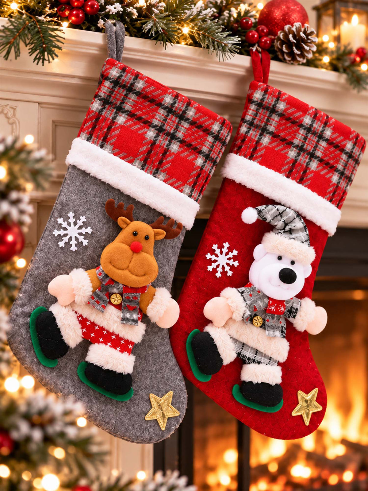 Festive Christmas Character Plaid Stockings