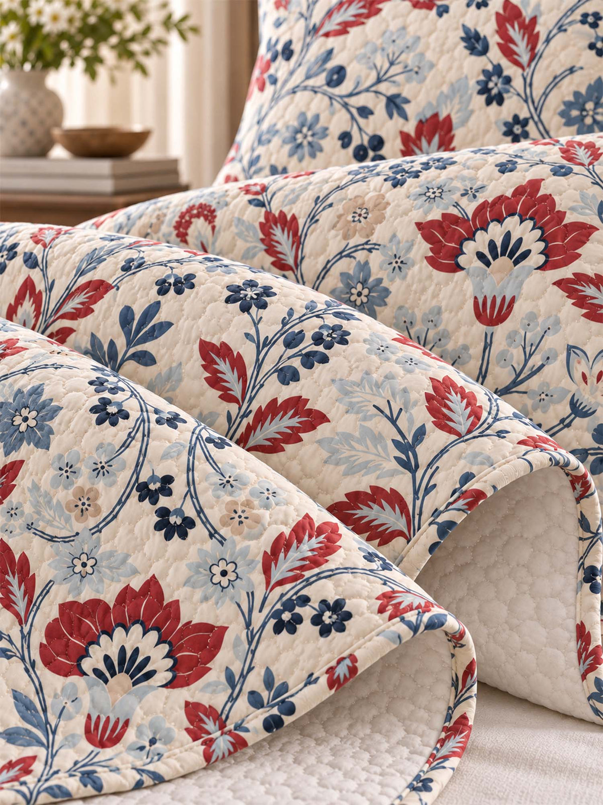Red Blue Botanical Floral Quilted 3-Piece Bedding Set