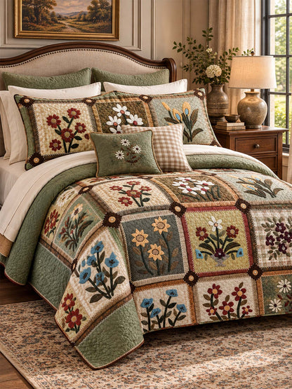 Vintage Folk Floral Patchwork Quilted 3-Piece Bedding Set