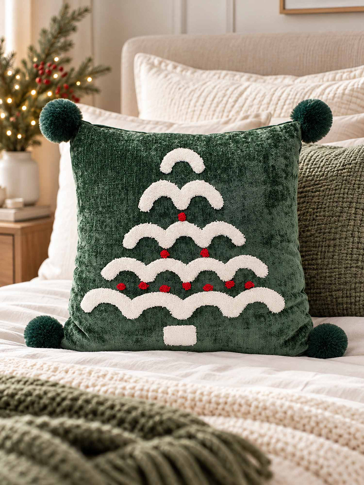 Christmas Tree Tufted Pom Pom Pillow Cover
