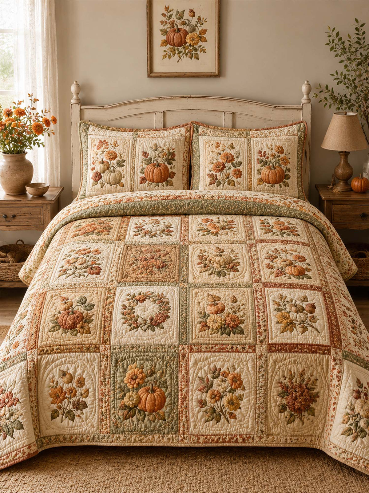 H.PAI Pumpkin Harvest Quilted 3-Piece Bedding Set