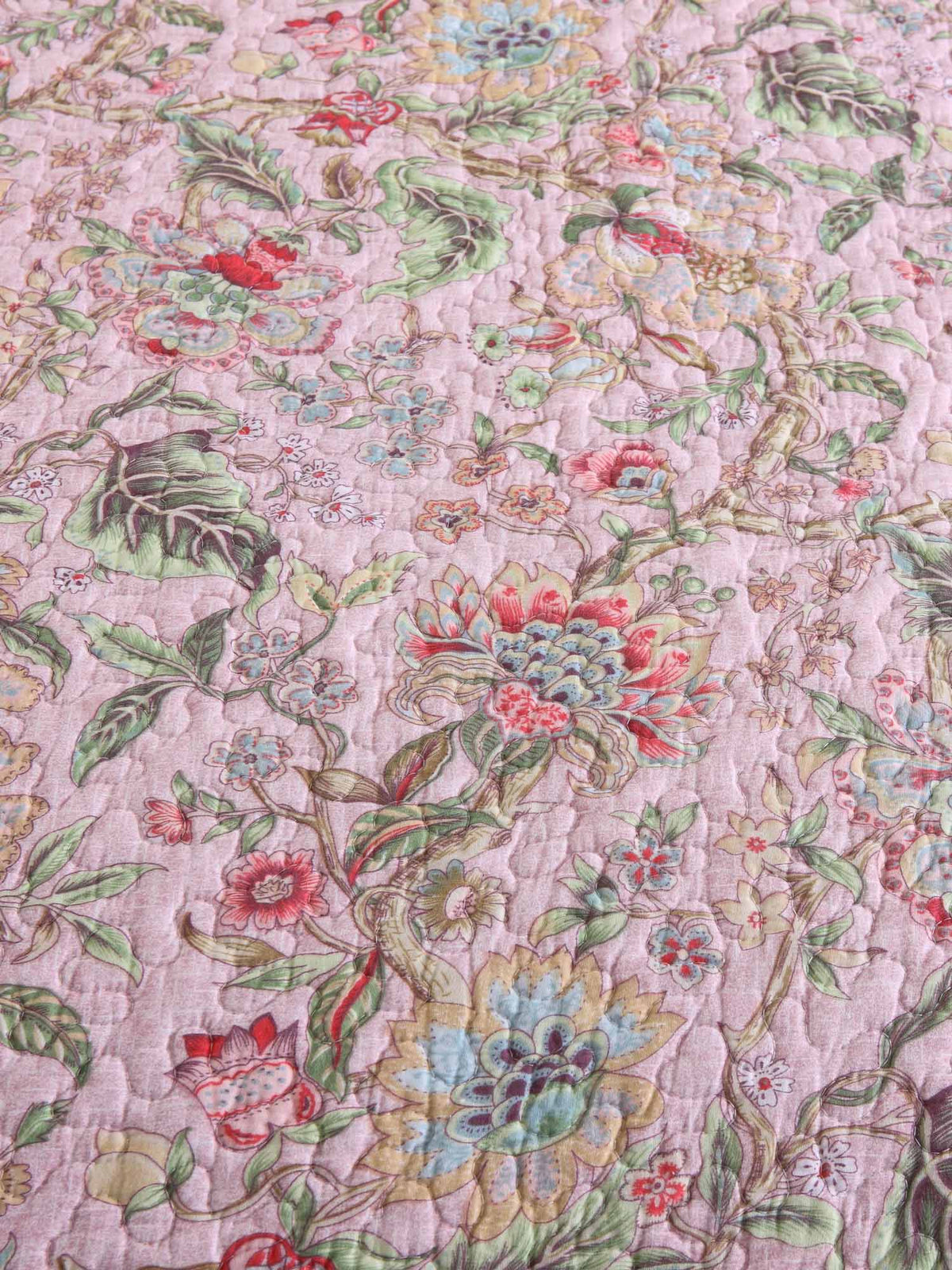 Soft Pink Country Botanical Floral Print Quilted 3‑Piece Bedding Set