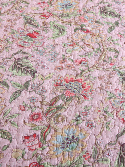 Soft Pink Country Botanical Floral Print Quilted 3‑Piece Bedding Set