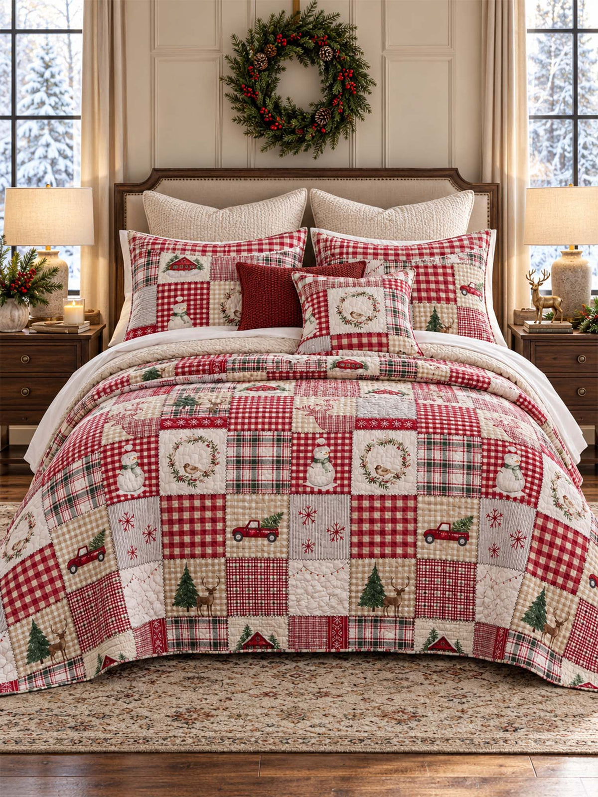 Christmas Farmhouse Patchwork Quilted 3-Piece Bedding Set