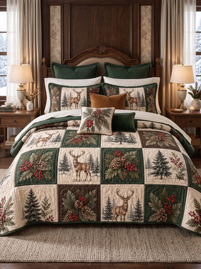 Christmas Deer & Pinecone Forest Quilted 3-Piece Bedding Set