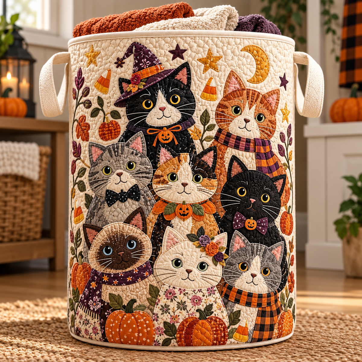 Gestoffeerde wasmand – Katten op het Halloweenfeest