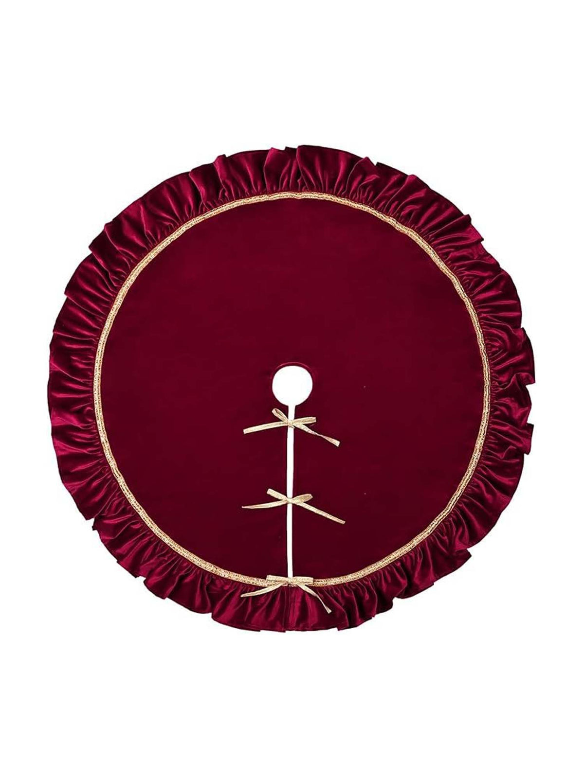Burgundy Velvet Ruffled Christmas Tree Skirt with Gold Trim