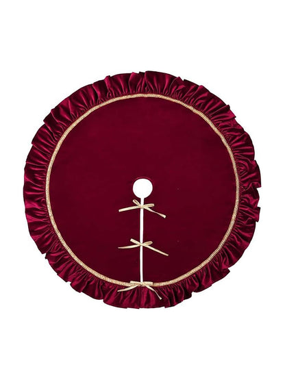 Burgundy Velvet Ruffled Christmas Tree Skirt with Gold Trim