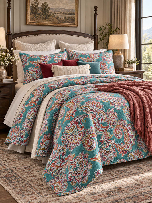 Turquoise Paisley Boho 100% Cotton Quilted Bedding Set
