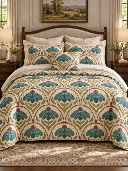 Blue Botanical Bloom Quilted 3-Piece Bedding Set