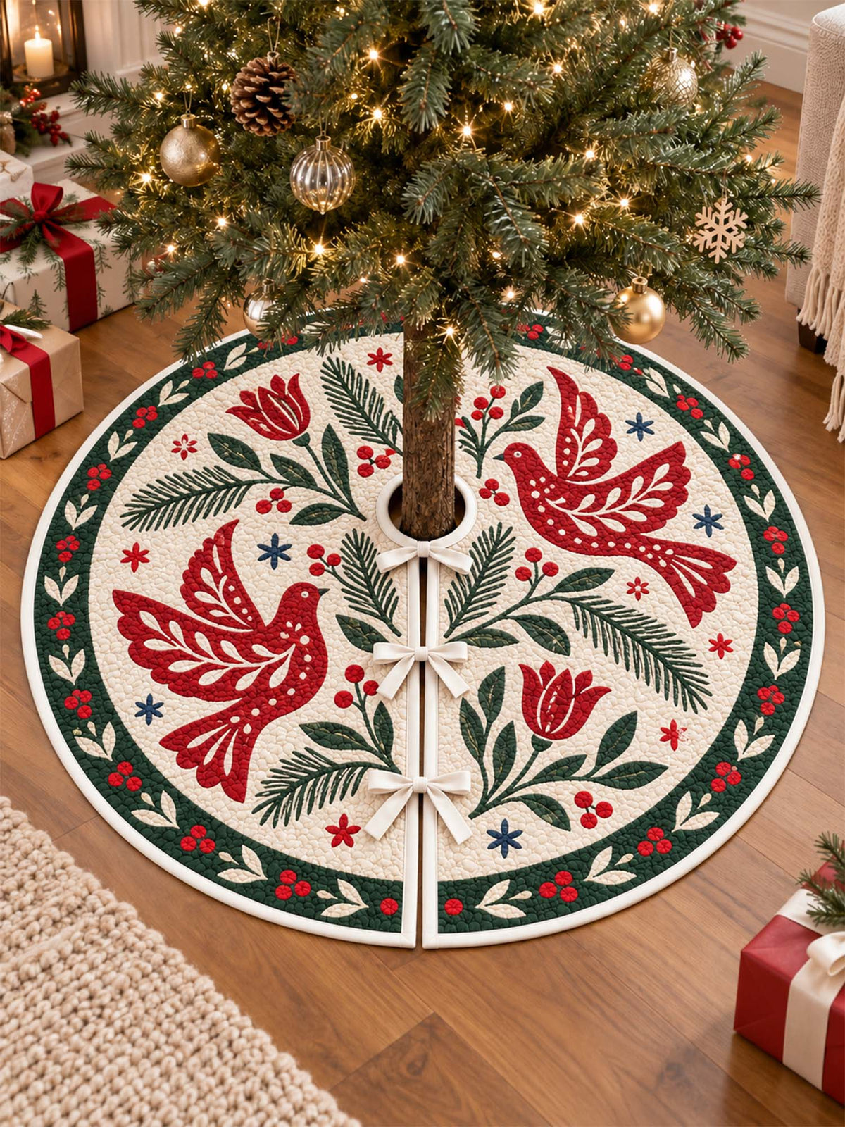 Nordic Red Birds & Evergreen Quilted Christmas Tree Skirt