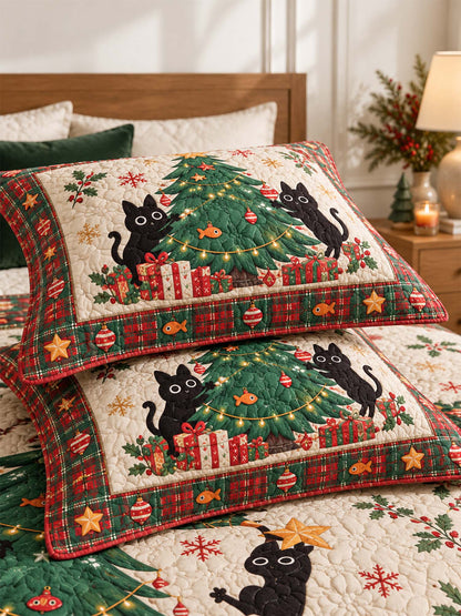Playful Black Cats Christmas Tree Quilted 3-Piece Bedding Set