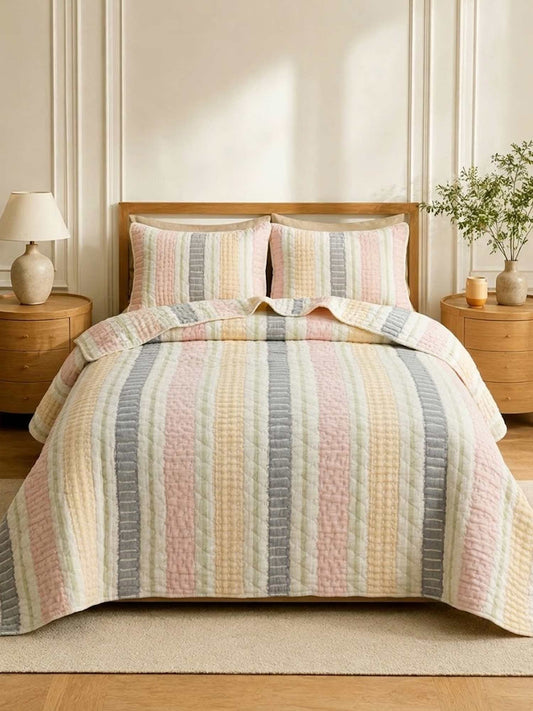 Pastel Multicolor Vertical Stripe Quilted Bedspread Cotton Puff Quilt Blanket