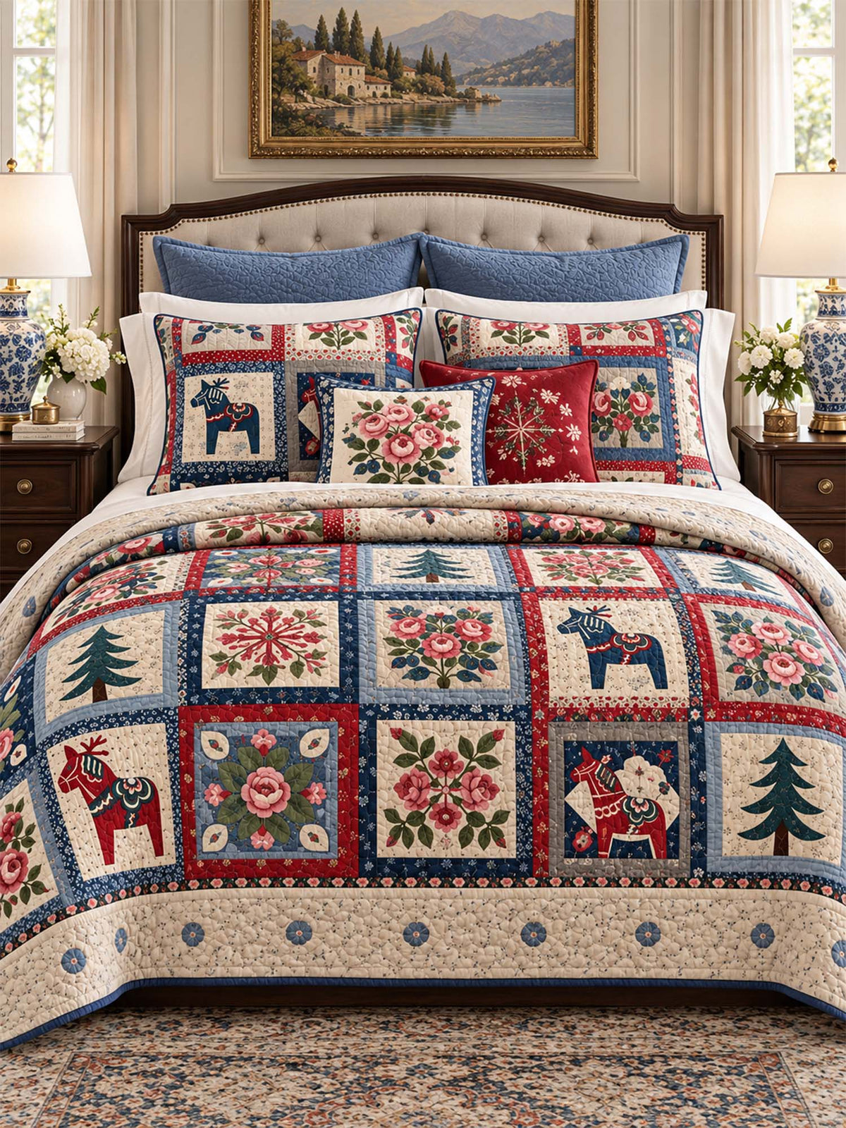 Swedish Dala Horse Floral Patchwork Quilted 3-Piece Bedding Set