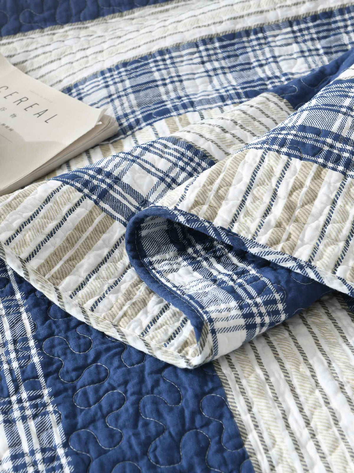 Blue Grey Buffalo Check Patchwork Quilted 3‑Piece Bedding Set