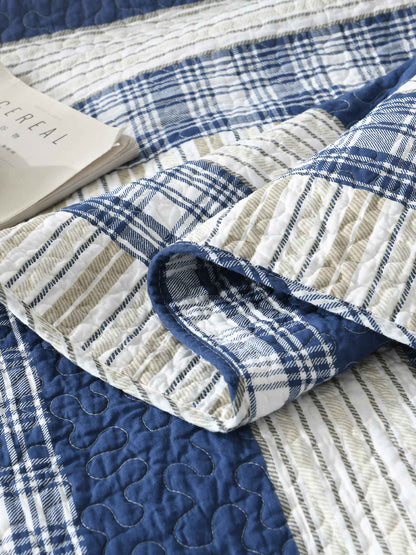 Blue Grey Buffalo Check Patchwork Quilted 3‑Piece Bedding Set