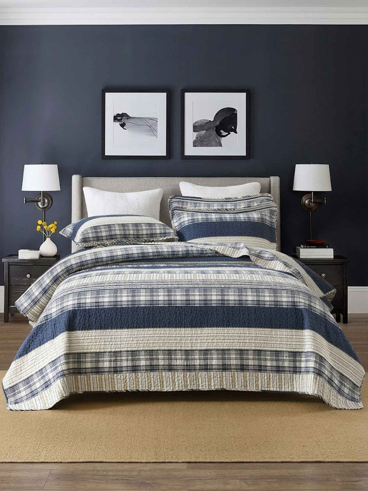 Blue Grey Buffalo Check Patchwork Quilted 3‑Piece Bedding Set