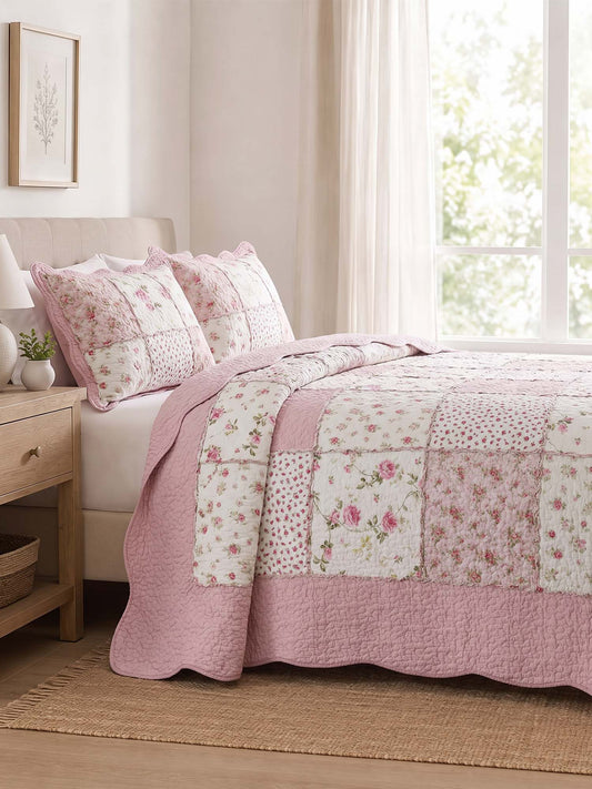 Rose Cottage Patchwork Quilted 3-Piece Bedding Set