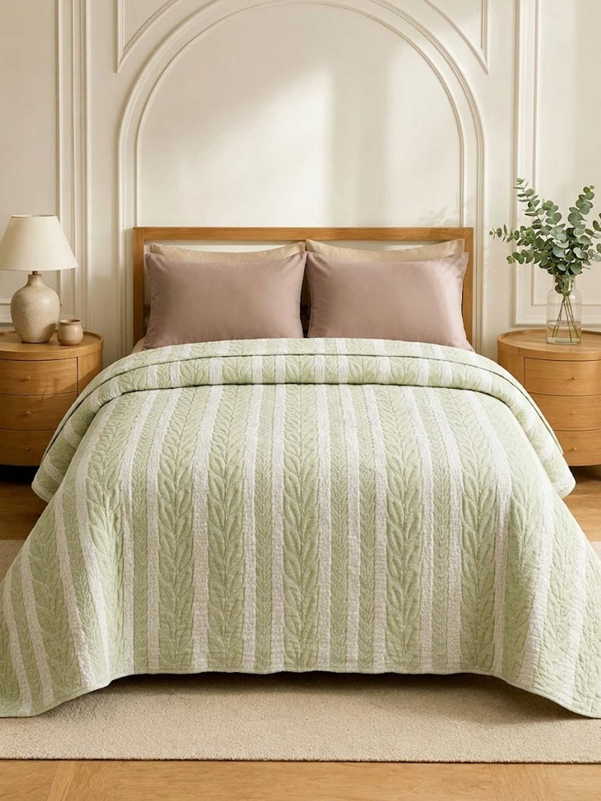 Fresh Green Leaf Vertical Stripe Quilted Bedspread Cotton Puff Quilt Blanket
