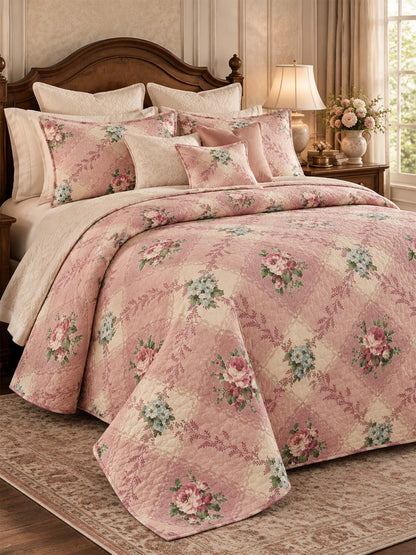 Vintage Rose Floral Quilted 3-Piece Bedding Set